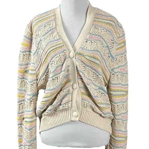 Zara Pointelle Neutral Pastel Cardigan Sweater Medium Blogger Fav Spring Cropped - Picture 1 of 13